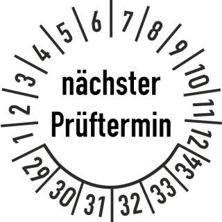 Prüfplakette nächster Prüftermin 20 mm ca. 400 Stück/Rolle PVC-Folie Grund weiß Text schwarz 2029-2034