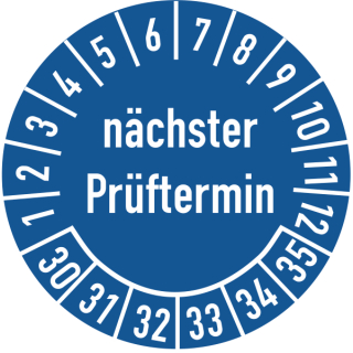 Prüfplakette nächster Prüftermin 25 mm ca. 333 Stück/Rolle PVC-Folie Grund blau Text weiß 2030-2035