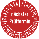 Prüfplakette nächster Prüftermin 25 mm ca. 333 Stück/Rolle PVC-Folie Grund rot Text weiß 2029-2034