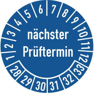 Prüfplakette nächster Prüftermin 30 mm ca. 285 Stück/Rolle PVC-Folie Grund blau Text weiß 2028-2033