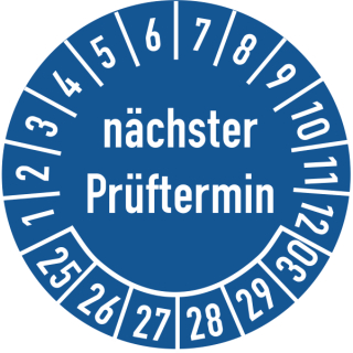 Prüfplakette nächster Prüftermin 20 mm ca. 400 Stück/Rolle Dokumentenfolie Grund blau Text weiß 2025-2030