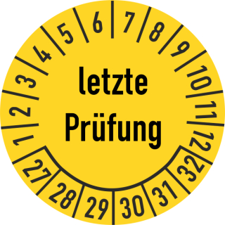 Prüfplakette letzte Prüfung 25 mm ca. 333 Stück/Rolle PVC-Folie Grund gelb Text schwarz 2027-2032