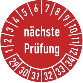 Prüfplakette nächste Prüfung 30 mm ca. 285 Stück/Rolle PVC-Folie Grund rot Text weiß 2029-2034