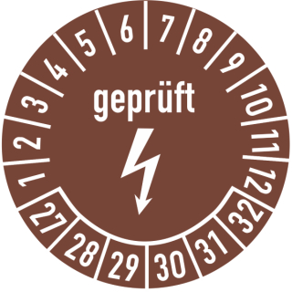 Prüfplakette geprüft mit Blitzsymbol 16 mm ca. 500 Stück/Rolle PVC-Folie Grund braun Text weiß 2027-2032