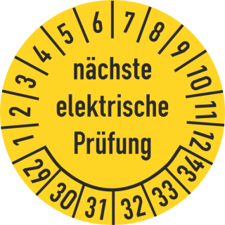 Prüfplakette nächste elektrische Prüfung 16 mm ca. 500 Stück/Rolle PVC-Folie Grund gelb Text schwarz 2029-2034