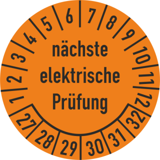 Prüfplakette nächste elektrische Prüfung 16 mm ca. 500 Stück/Rolle PVC-Folie Grund orange Text schwarz 2027-2032