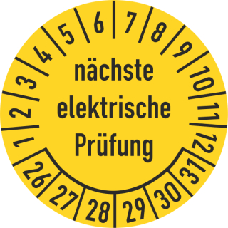 Prüfplakette nächste elektrische Prüfung 20 mm ca. 400 Stück/Rolle PVC-Folie Grund gelb Text schwarz 2026-2031