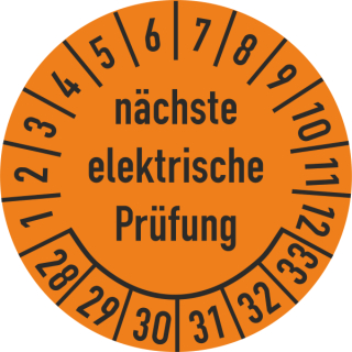 Prüfplakette nächste elektrische Prüfung 20 mm ca. 400 Stück/Rolle PVC-Folie Grund orange Text schwarz 2028-2033