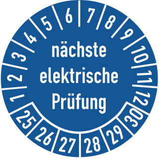 Prüfplakette nächste elektrische Prüfung 25 mm ca. 333 Stück/Rolle PVC-Folie Grund blau Text weiß 2025-2030