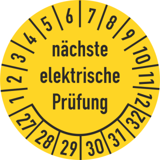 Prüfplakette nächste elektrische Prüfung 25 mm ca. 333 Stück/Rolle PVC-Folie Grund gelb Text schwarz 2027-2032