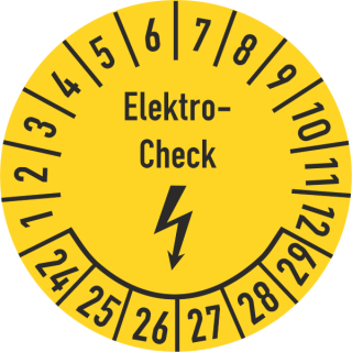 Prüfplakette Elektrocheck 30 mm ca. 285 Stück/Rolle PVC-Folie Grund gelb Text schwarz 2024-2029