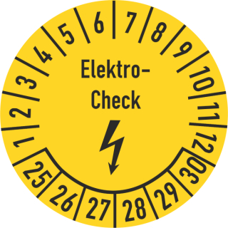 Prüfplakette Elektrocheck 30 mm ca. 285 Stück/Rolle PVC-Folie Grund gelb Text schwarz 2025-2030